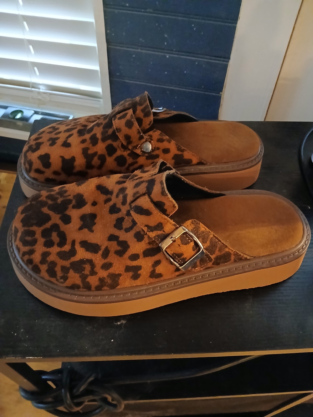 Leopard Print Buckle Mules in Brown & Black